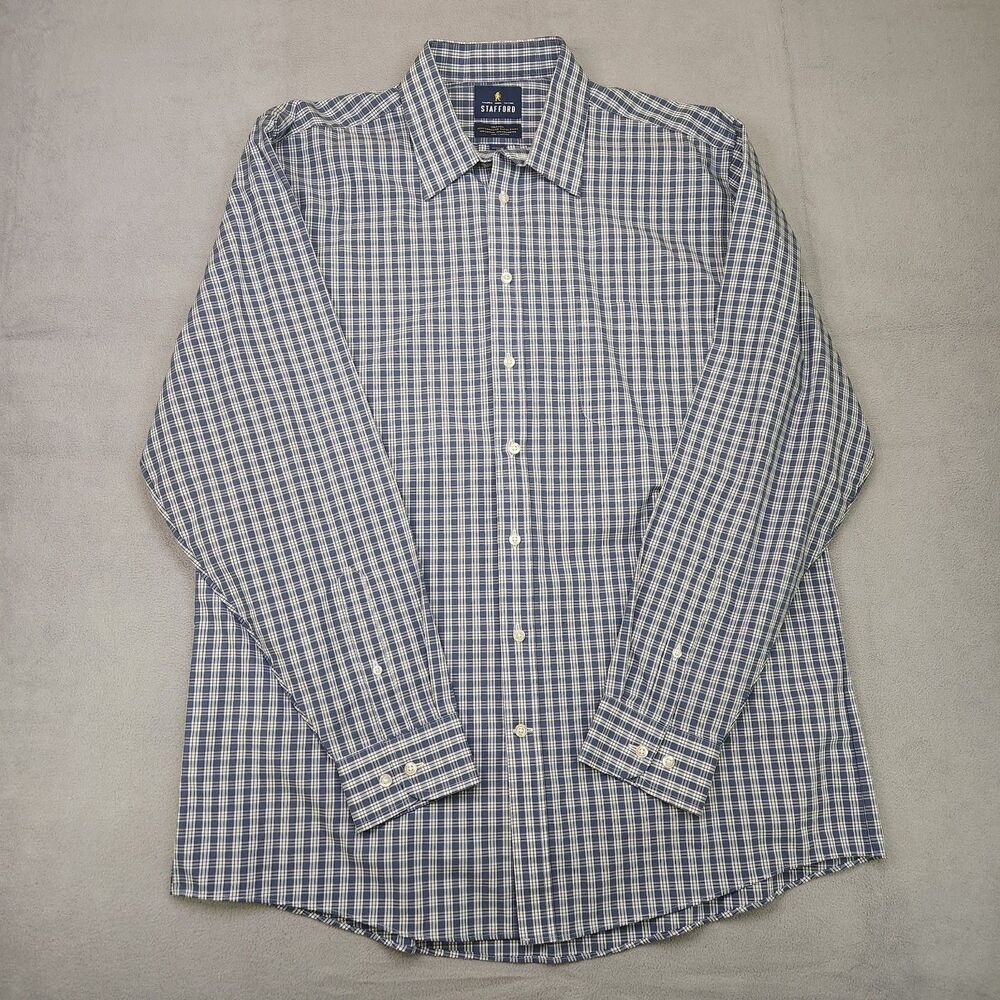 Stafford Travel Performance Super Shirt Mens 17 Blue Plaid Long Sleeve Button Up